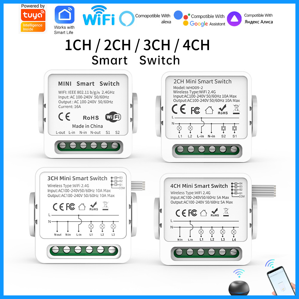 Smart Home Device - Tuya WiFi Smart-Schalter 1/2/3/4-fach 4-Wege Mini