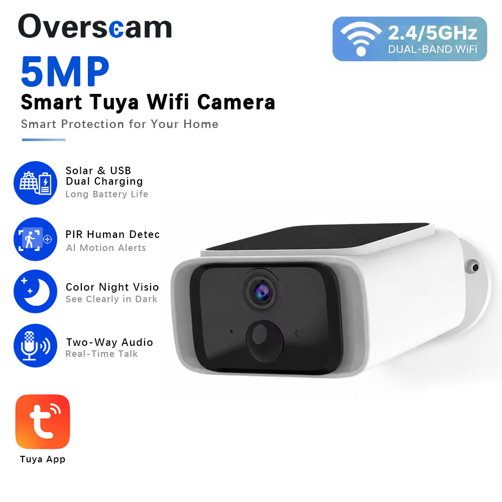 Smart Home Outdoor Camera - Tuya 5MP Solar-Überwachungskamera, kabellose 2,4/5G-WLAN-Kamera für